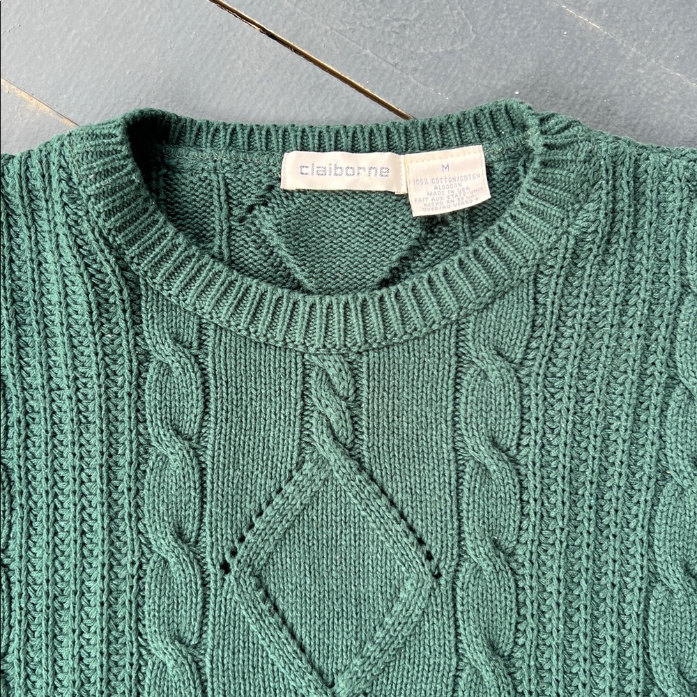 Vintage Claiborne Green and Blue 100% Cotton Cable Knit Sweater - Picture 2 of 6